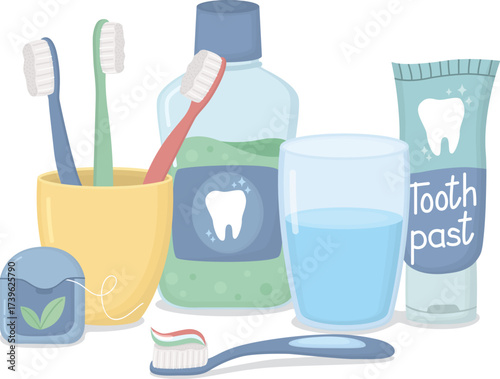 Dental care still life with toothpaste tube, mouthwash, dental floss, glass of water, toothbrushes in a cup and a toothbrush with paste.