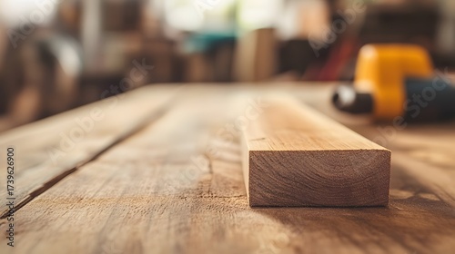 Close up of a wooden plank on a workbench for woodworking project