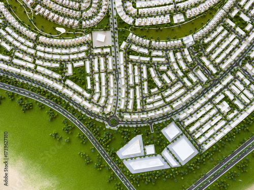 Urban planning and township model of Dubai with villas, greenery, and road network design