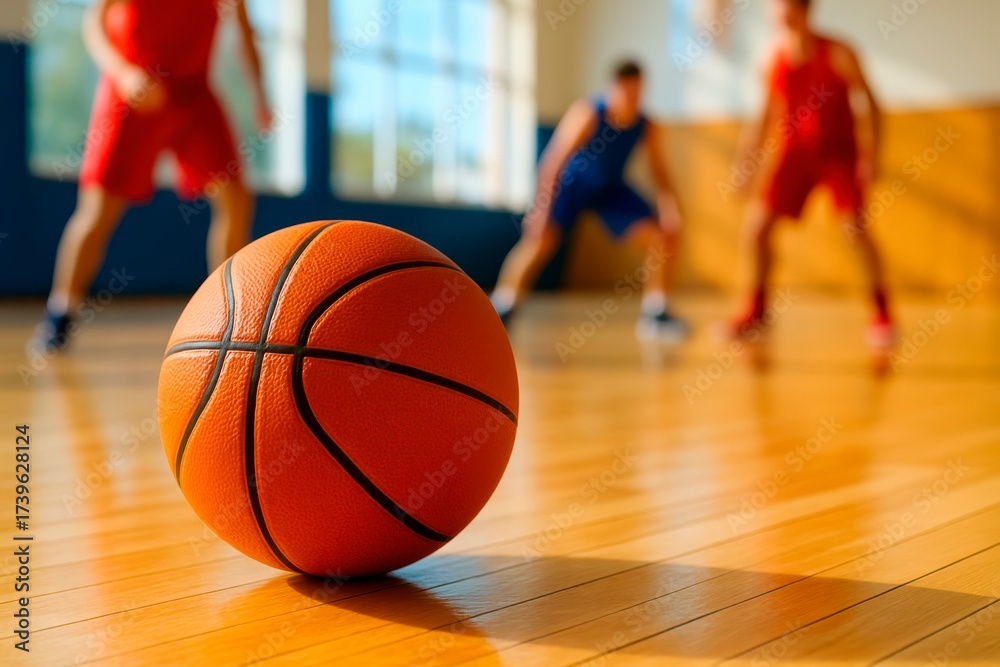 Obraz premium Basketball Game in Indoor Gym. A close-up of a basketball on a polished wooden court with players in action in the background, showcasing an intense indoor basketball game.