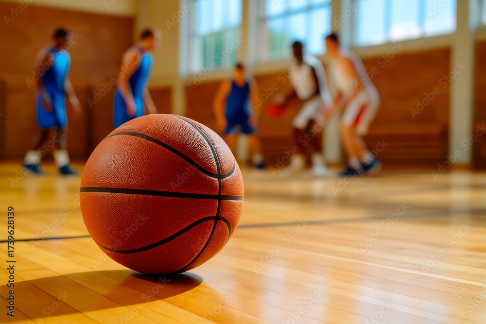 Obraz premium Basketball Game in Indoor Gym. A close-up of a basketball on a polished wooden court with players in action in the background, showcasing an intense indoor basketball game.