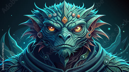 Close-up portrait of a mythical sea monster head, glowing eyes, surreal texture, fantasy aura, dreamlike details, enchanted creature, imaginative design, epic fantasy illustration, powerful mysterious