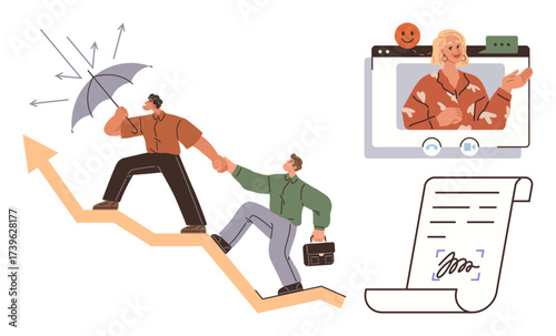 Two individuals climbing an arrow metaphor as a growth path, with one shielding from hurdles using an umbrella. Virtual mentoring in a webinar window and a signed document. Ideal for leadership