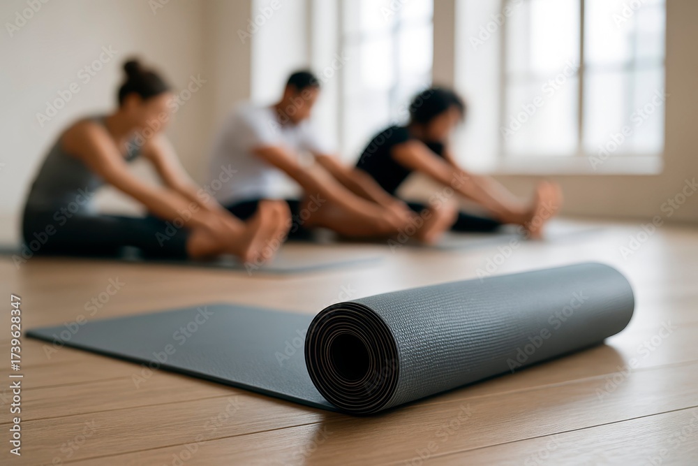 © hobonski - A rolled black yoga mat rests sharply on warm wooden floors as a blurred group stretches in unison  evoking calm, mindfulness, and collective wellness in a serene studio space.