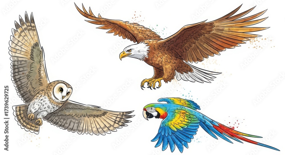 Obraz premium Watercolor Illustration of Flying Owl Eagle and Macaw on White Background