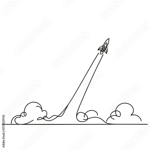 Rocket launching with smoke trail outline drawing, vector, black line drawing, minimalistic, single line, simple line, isolated, transparent background