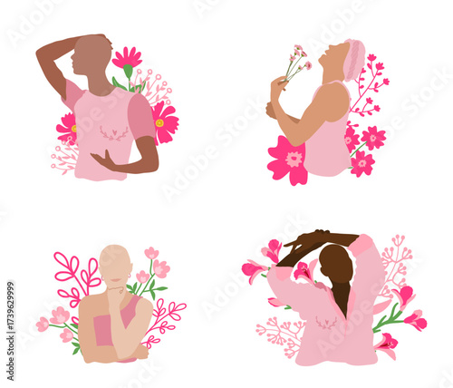 Mois de sensibilisation au cancer du sein : octobre rose. Portrait de femmes de diverses origines ethniques, ruban rose de soutien, coeur poitrine, illustration vectorielle poétiques