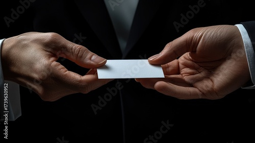 Two Hands Exchanging Business Cards in Professional Setting
