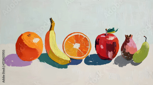 A colorful still life arrangement of various fruits including an orange, banana, orange slice, apple, pomegranate, and pear against a light background