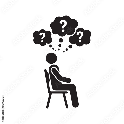 Pondering Stick Figure Icon, Person Sitting and Thinking with Question Marks, a Symbol of Confusion, Doubt, and Decision Making.
