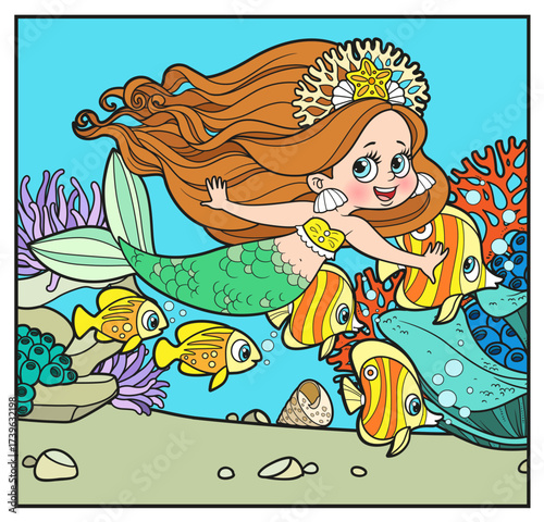Cute cartoon princess mermaid  on simple square background with the anemones, stones and corals