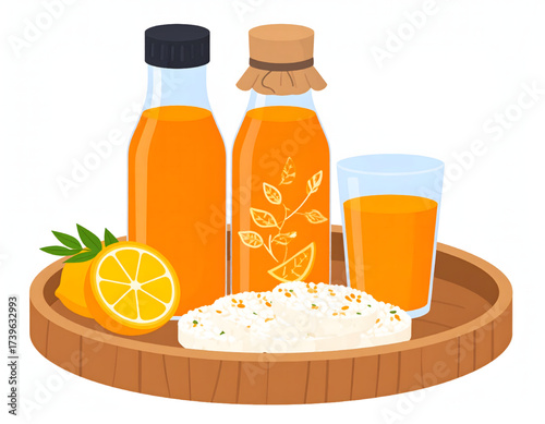 Orange juice bottles and glass with lemons and food on a tray.