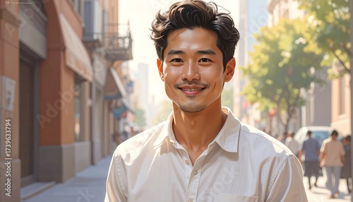 Portrait of a smiling asian man in a city street during the day