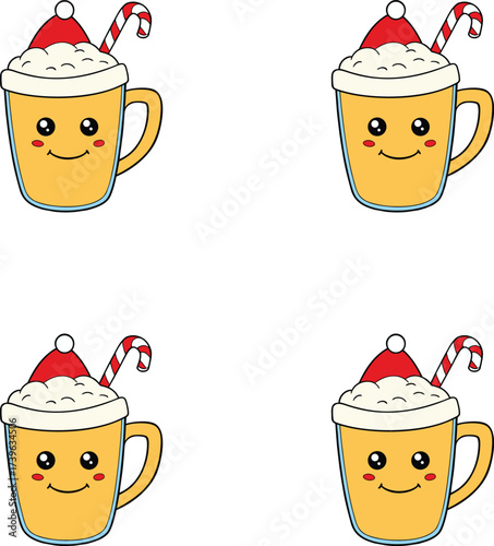Vector cute cartoon Christmas mugs with candy canes and Santa hats. Christmas eggnog illustration. 