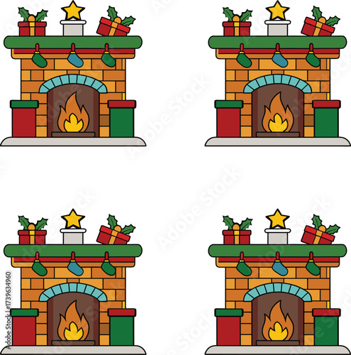 Vector festive Christmas fireplaces decorated with gifts and garland illustration. 