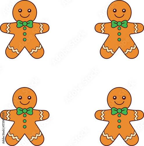 Vector Christmas gingerbread.  Gingerbread man cookies with green bows illustration.
