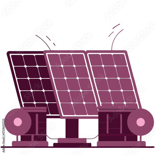Three purple solar panels on stands with circular bases
