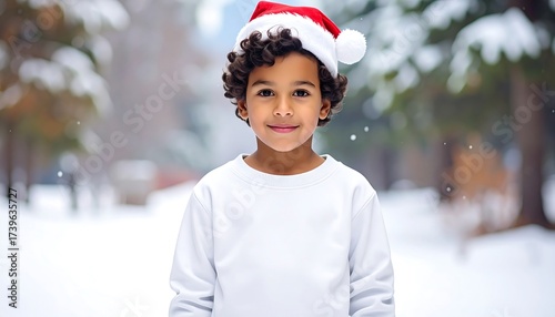 Portrait of a smiling child wearing a santa hat in a snowy landscape