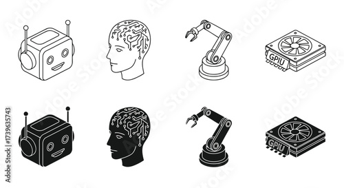 Vector illustration of set of isometric icons representing artificial intelligence and robotics, featuring robots, human heads with circuitry, robotic arms, and computer hardware