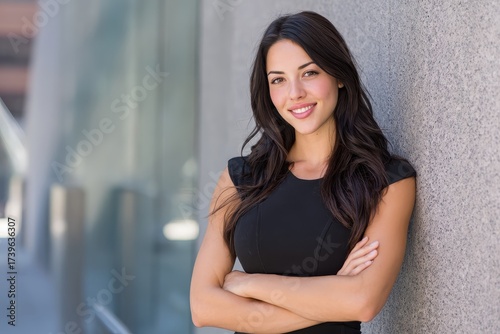 Confident businesswoman in a black dress with crossed arms smiles. Use it for corporate brochures or presentations about success. Free Download Confident businesswoman in a black dress with crossed arms smiles. Use it for corporate brochures or presentations about success. - GFXLoad