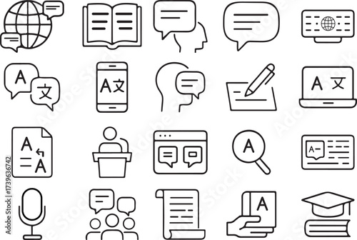 Modern language line icon set for digital communication education and translation services global learning