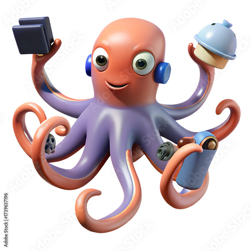 3d Cartoon Octopus Character with Multitasking Arms Holding Various Objects and Wearing Headphones Representing Efficiency, Creativity, and Versatility in Fun Digital Illustration