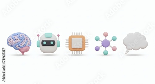 Conceptual 3D rendering of artificial intelligence icons including a brain, robot, chip, network, and communication bubble
