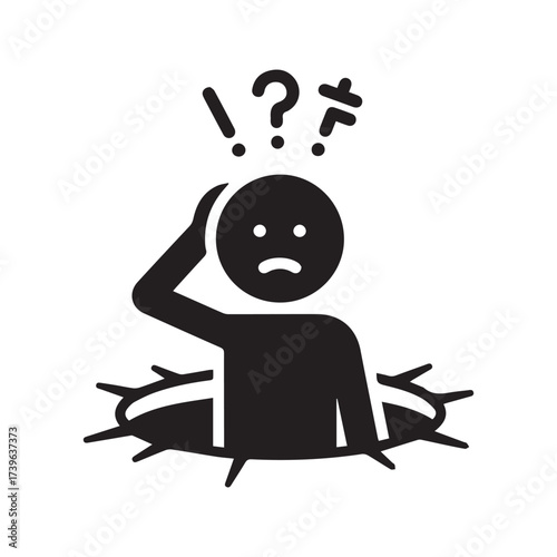 Confused Person Emerging from a Hole Icon, Stick Figure with Question Marks Symbolizing a Trap, Problem, or Discovery.
