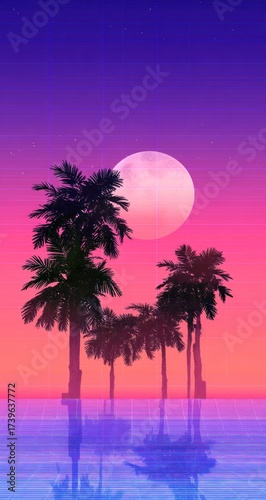 Retro sunset scene with palm trees, large moon, and reflective water in vibrant neon colors