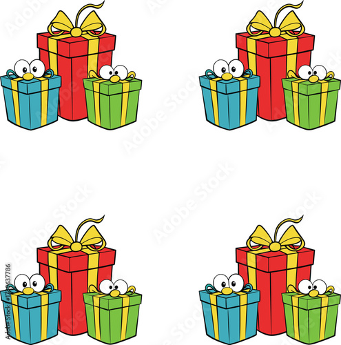 Vector identical cartoon Christmas gift box arrangements with googly eyes. 
