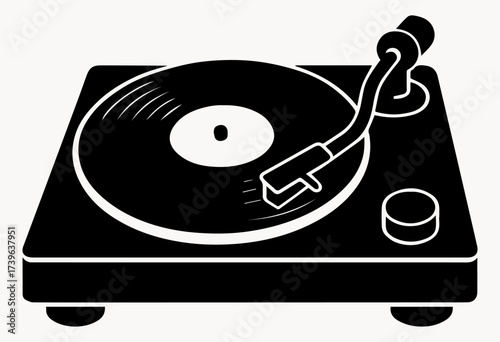 Black and white illustration of a vintage vinyl record player on a white insulated background. Vector graphics. EPS.
