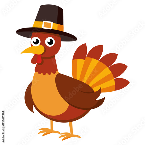 Funny cartoon character turkey bird in pilgrim hat. Thanksgiving Day. Isolated vector illustration on white background. Side view