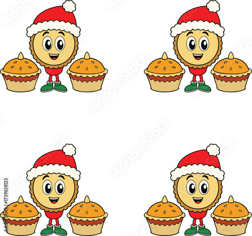 Vector festive cartoon characters wearing Santa hats holding mince pies illustration. 