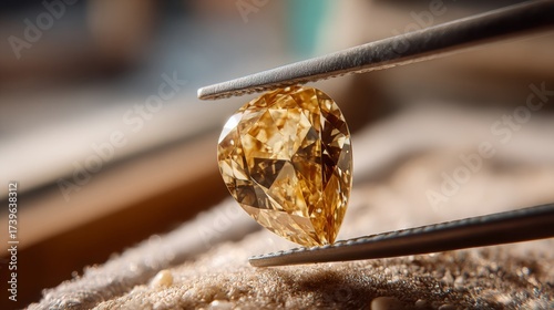 Loose diamond in tweezers selective focus. Macro shot of precious stone inspection for defects. Certification of brilliant cut diamond. Gemstone in clamp for making luxury jewelry. Natural material.