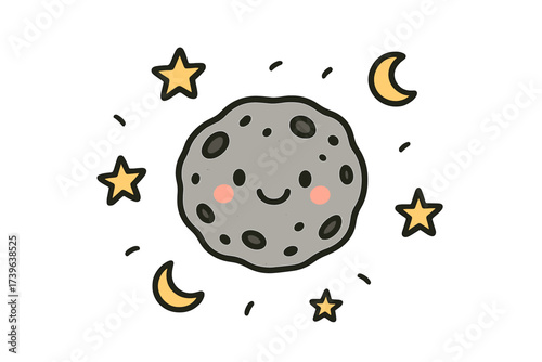 Asteroid Doodles and Stars. Charming doodle stickers: happy asteroid, tiny stars and moons floating, simplified doodle shapes,