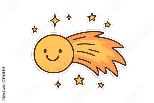 Cosmic Doodle Stickers. Funny doodle stickers: smiling comet, tiny stars and sparkles floating, simplified doodle style, white