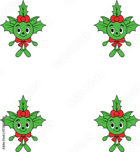 Christmas adorable cartoon holly characters with red bows. 
