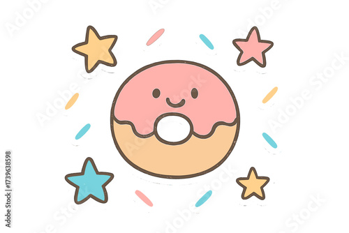 Smiling Donut Sticker. Lovely doodle stickers: smiling donut, tiny sprinkles and stars floating, simplified doodle shapes, white