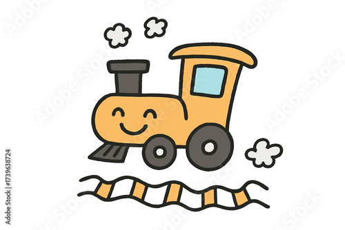 Playful Train Doodle. Playful doodle stickers: happy train engine, tiny smoke clouds and tracks waving, simplified doodle forms,