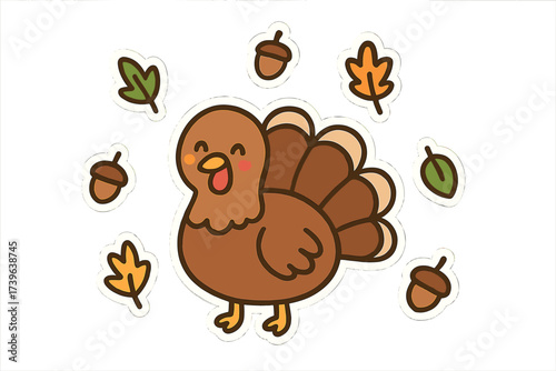 Smiling Turkey Doodles. Lovely doodle stickers: smiling turkey with tiny leaves and acorns floating, simplified doodle shapes,