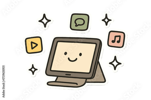 Charming Tablet Doodle Stickers. Charming doodle stickers: happy tablet stand, tiny apps and sparkles floating, simplified doodle