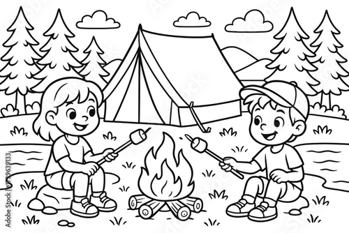 Camping by the Lake. Camping adventure coloring page: tent by a lake, campfire burning, kids roasting marshmallows, pine trees
