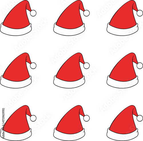 A repeating pattern of red Santa hats with white trim. 