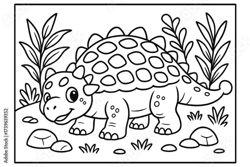 Cartoon Ankylosaurus Coloring. Cute dinosaur coloring page: ankylosaurus with armored back, plants and stones around, black and
