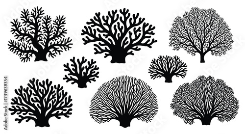 Vector illustration of collection of black silhouette coral shapes, representing diverse marine life and underwater ecosystems