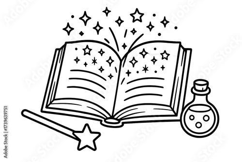 Magical Book Outline. Magic book coloring page: open spell book with sparkles and stars, wand and potion bottle nearby, black and
