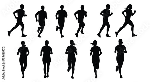 Vector illustration of collection of black silhouettes of men and women running in various poses, isolated on a, representing speed and athleticism