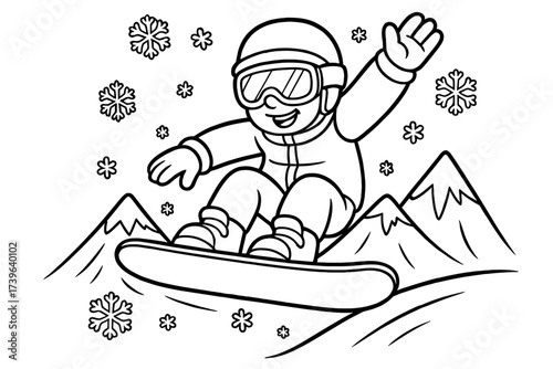 Snowboarder Jumping Adventure. Sports coloring page: snowboarder jumping from slope, snowflakes falling, mountains behind, black
