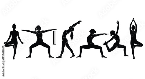 Vector illustration of silhouette of a woman performing various yoga poses