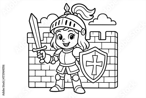 Knight Coloring Page. Princess & Knights coloring page: brave knight in armor with sword and shield, castle wall behind, black and